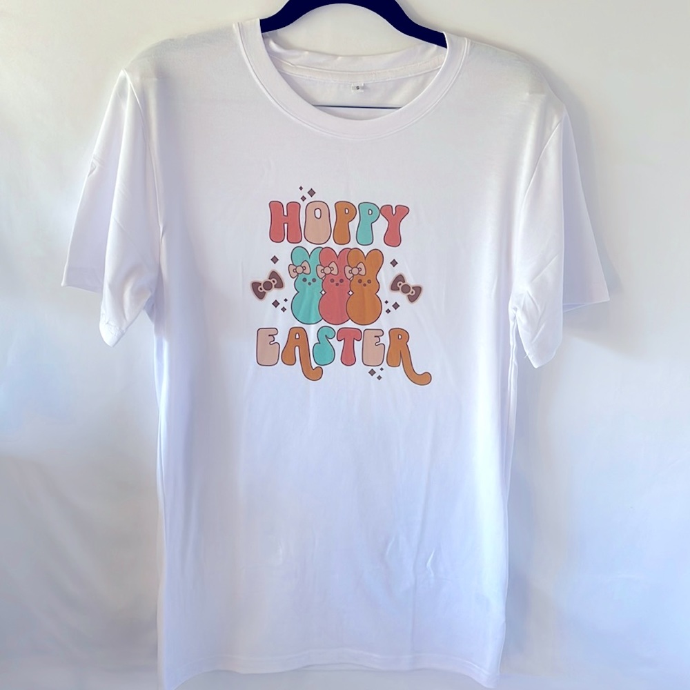 White T-shirt Easter bunny design on front size small handmade graphic‎ t…